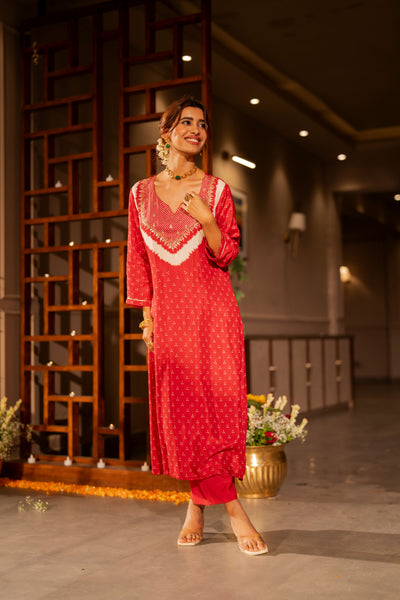 Red bandhani with gota work on neck kurta set