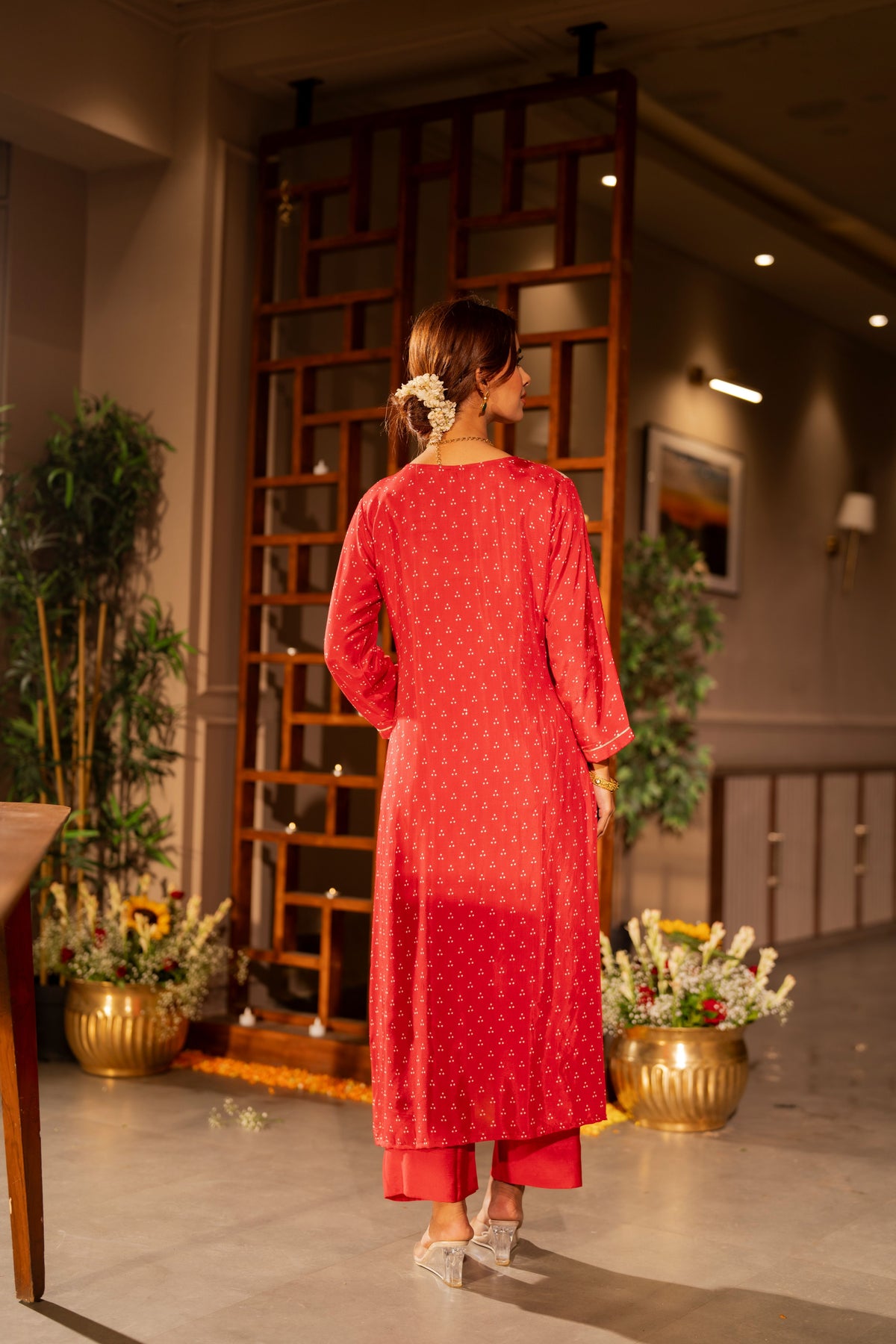 Red bandhani with gota work on neck kurta set