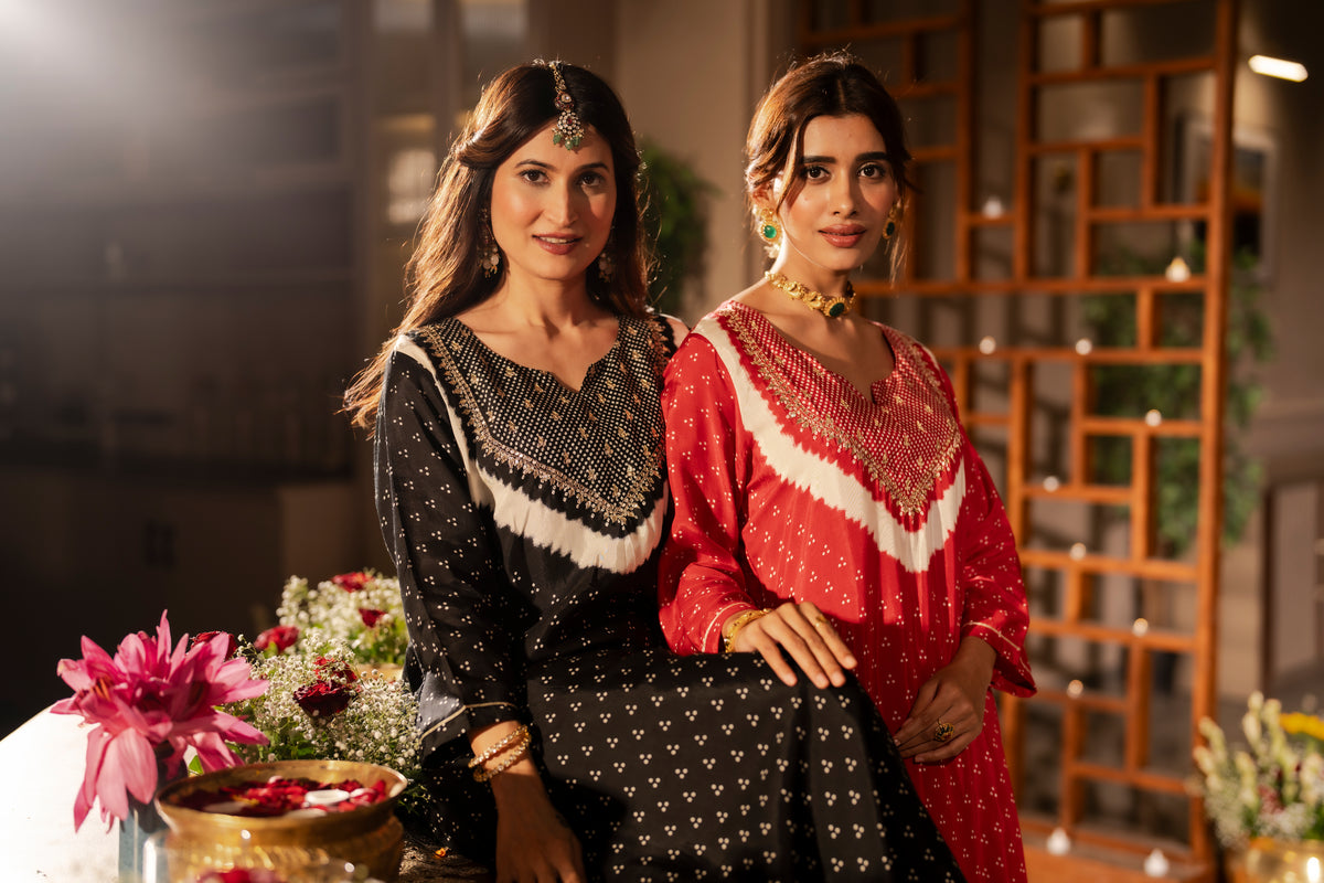 Red bandhani with gota work on neck kurta set