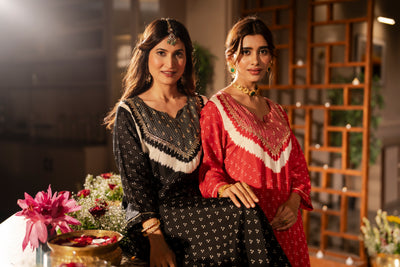 Red bandhani with gota work on neck kurta set