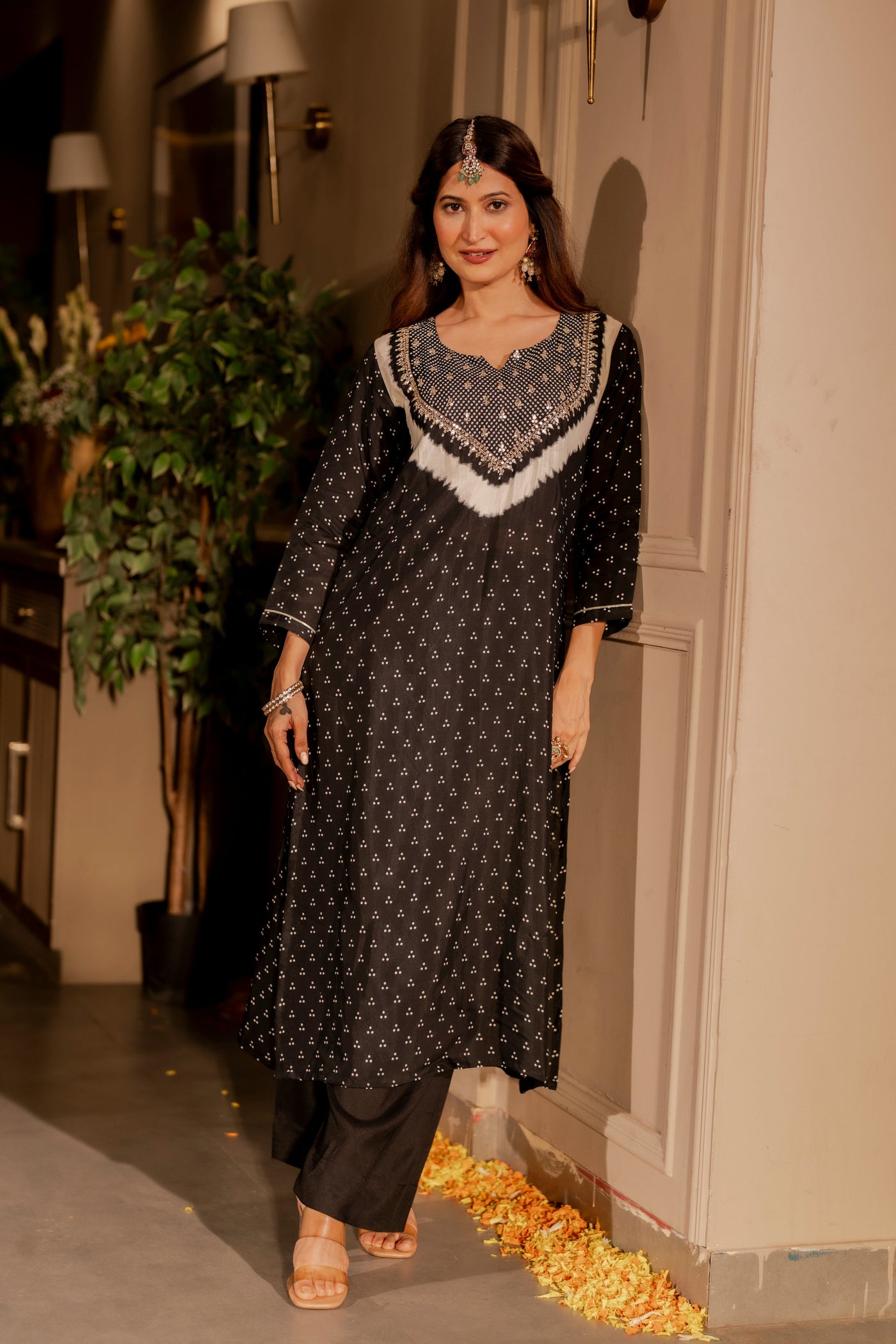 Black bandhani with gota work on neck kurta set