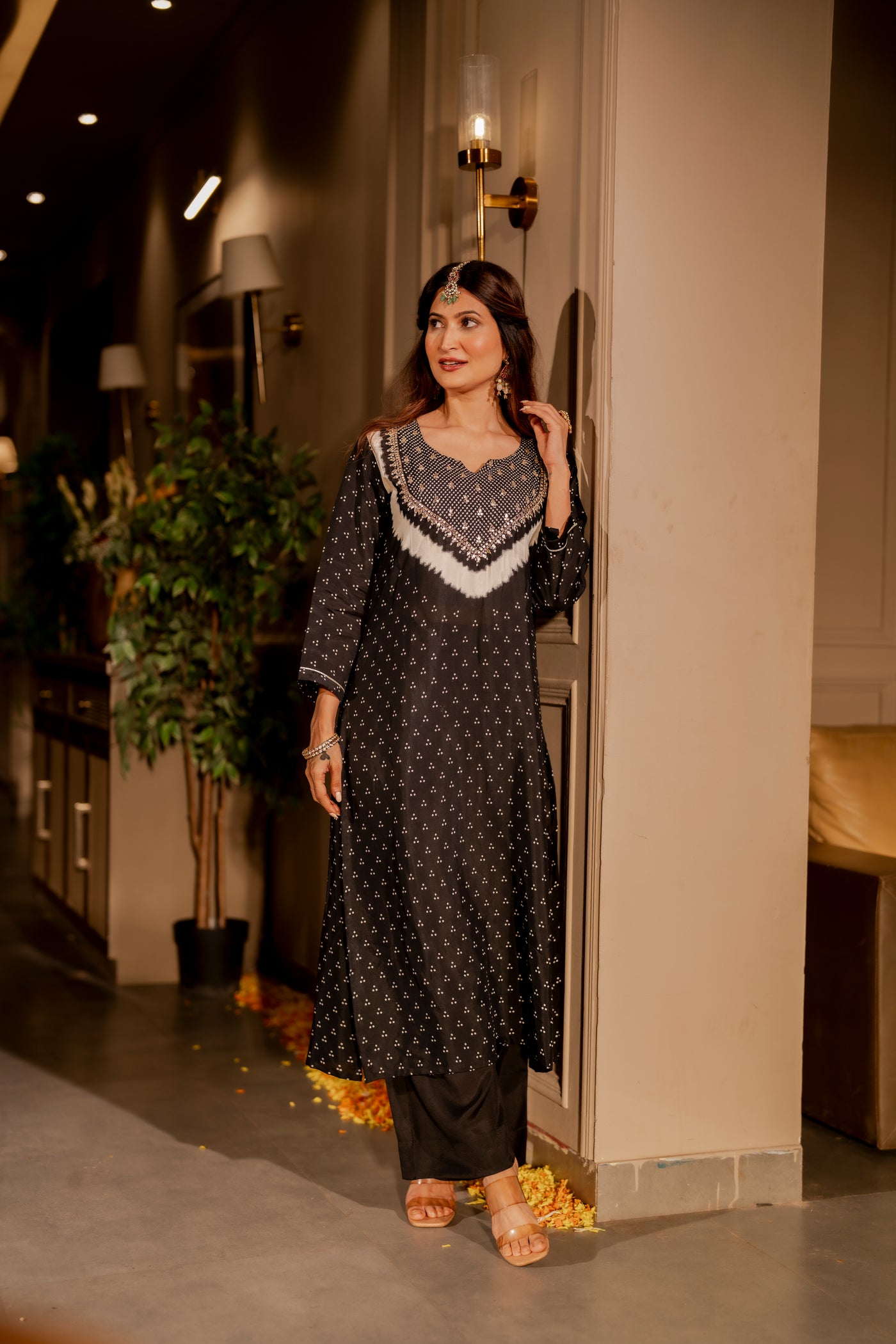 Black bandhani with gota work on neck kurta set