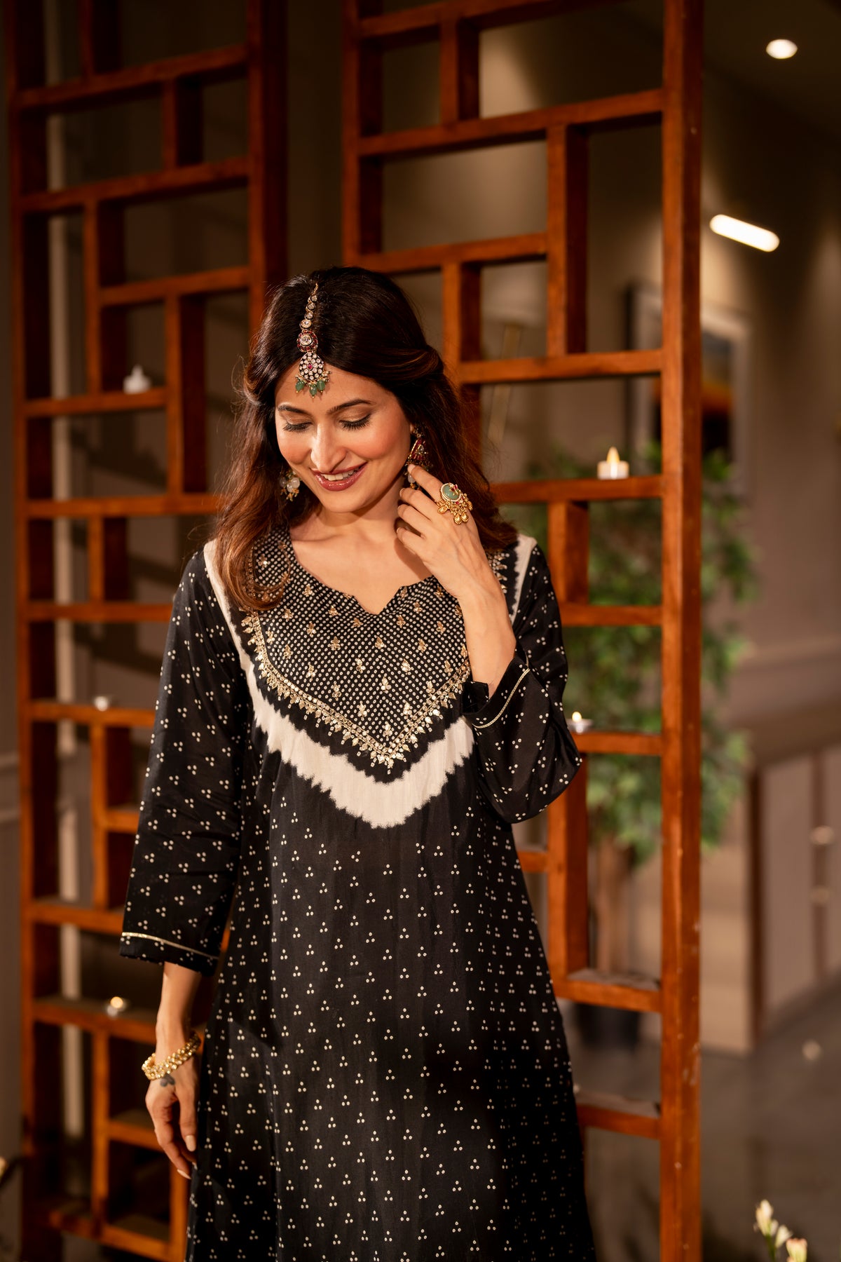 Black bandhani with gota work on neck kurta set