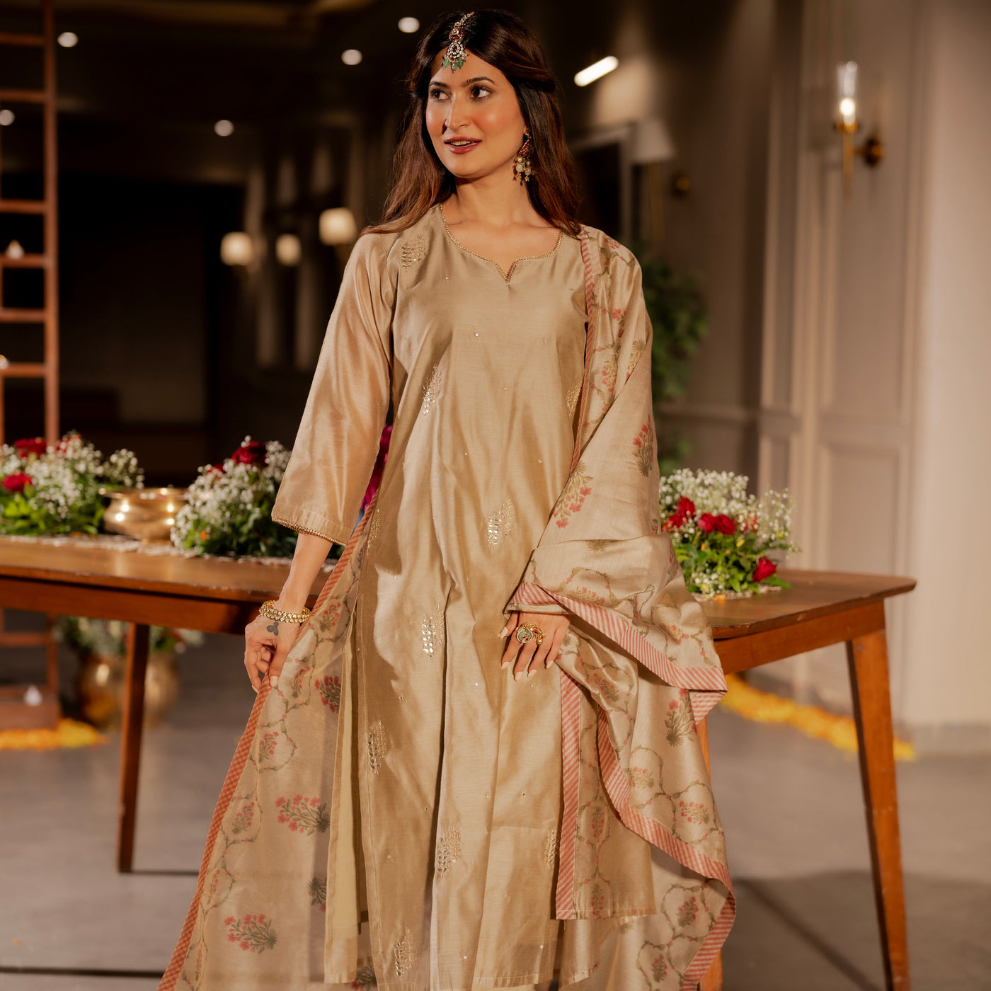 Beige Chanderi with Spread Buti Gota Work and Block Printed Dupatta