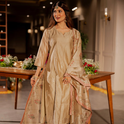Beige Chanderi with Spread Buti Gota Work and Block Printed Dupatta