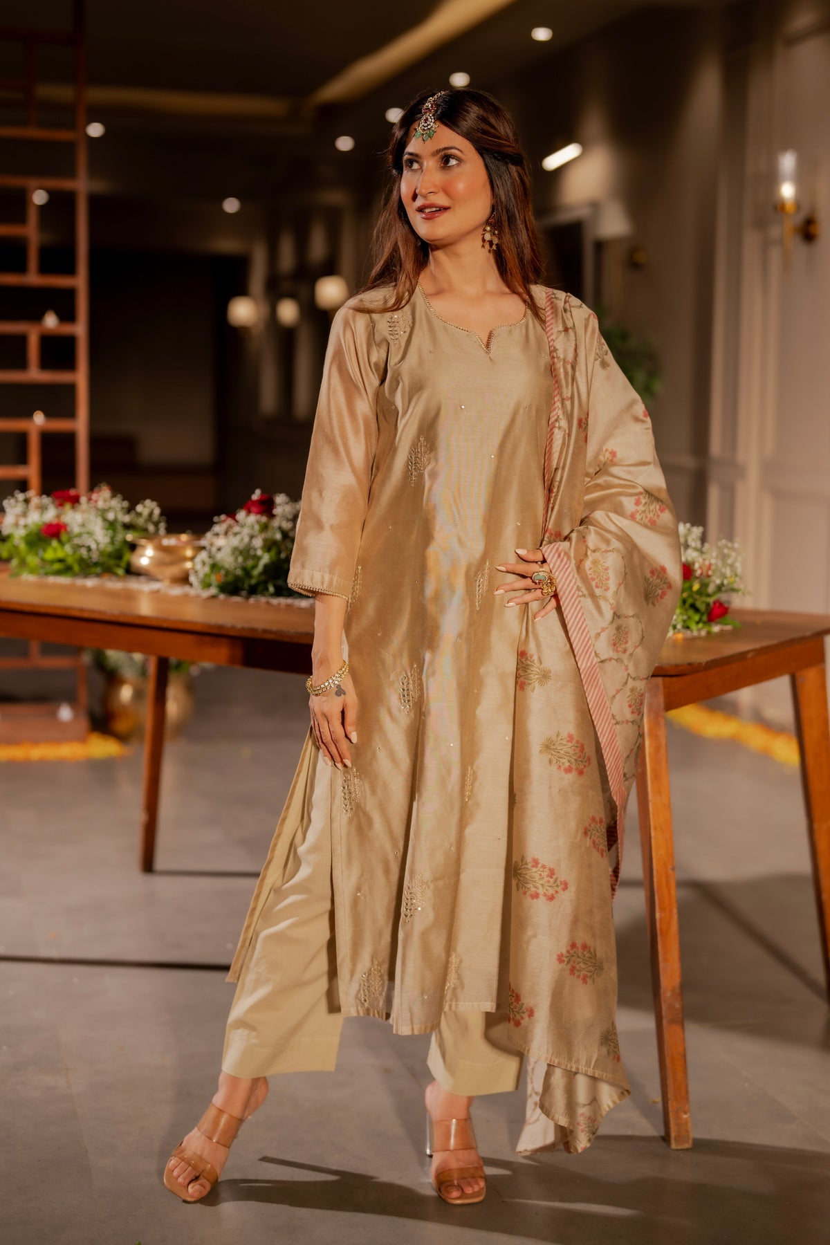 Beige Chanderi with Spread Buti Gota Work and Block Printed Dupatta