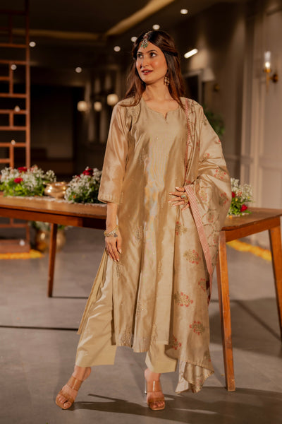 Beige Chanderi with Spread Buti Gota Work and Block Printed Dupatta