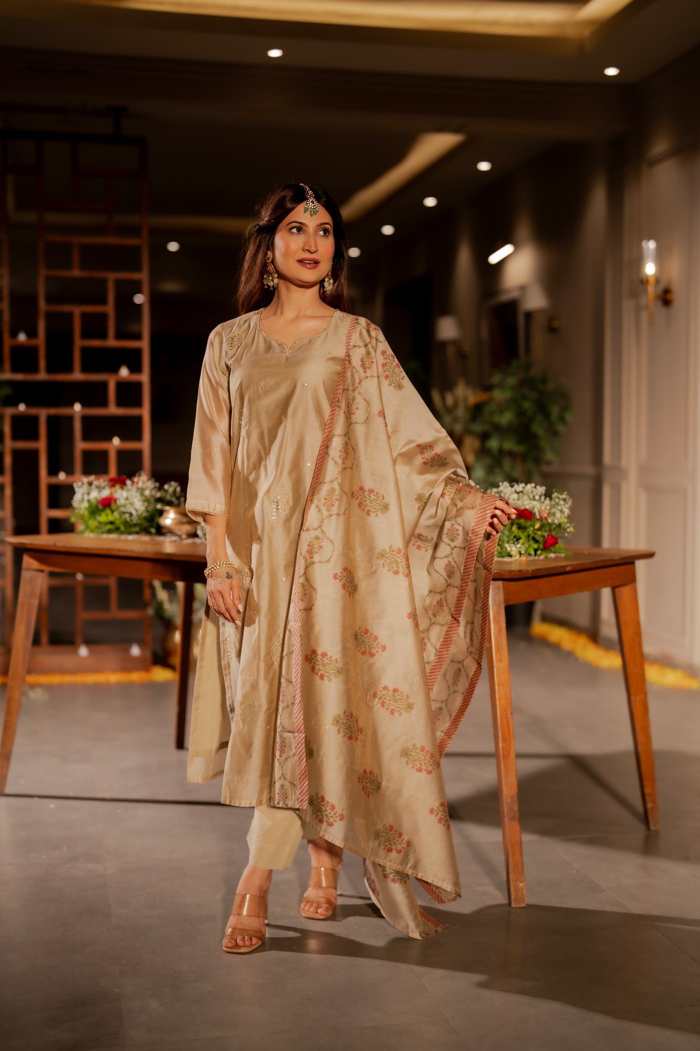 Beige Chanderi with Spread Buti Gota Work and Block Printed Dupatta