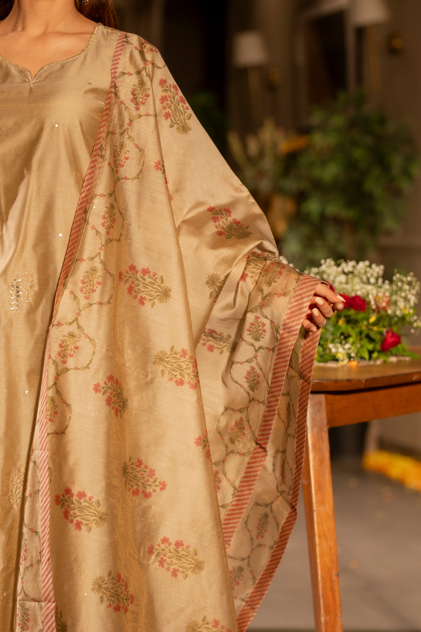 Beige Chanderi with Spread Buti Gota Work and Block Printed Dupatta
