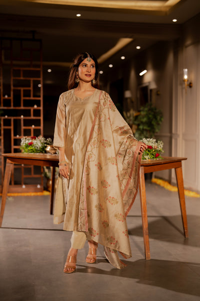 Beige Chanderi with Spread Buti Gota Work and Block Printed Dupatta