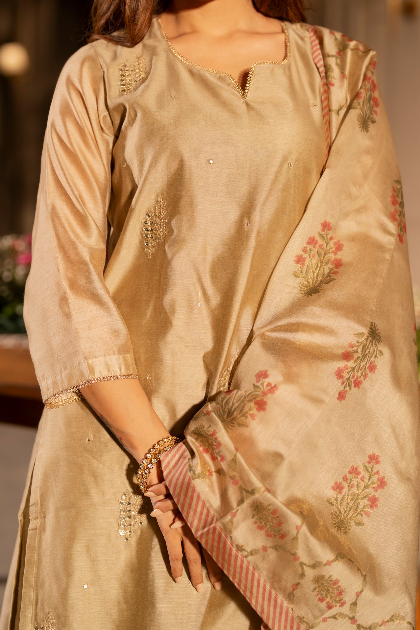 Beige Chanderi with Spread Buti Gota Work and Block Printed Dupatta