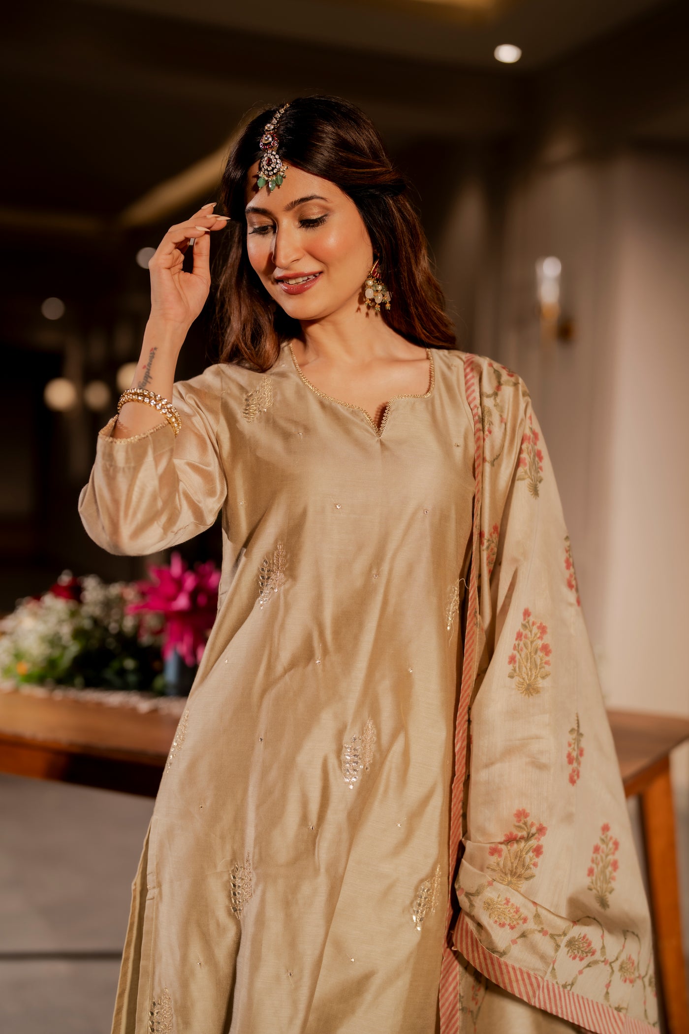 Beige Chanderi with Spread Buti Gota Work and Block Printed Dupatta