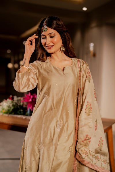 Beige Chanderi with Spread Buti Gota Work and Block Printed Dupatta