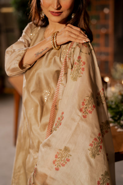 Beige Chanderi with Spread Buti Gota Work and Block Printed Dupatta