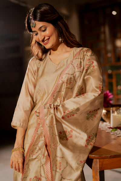 Beige Chanderi with Spread Buti Gota Work and Block Printed Dupatta