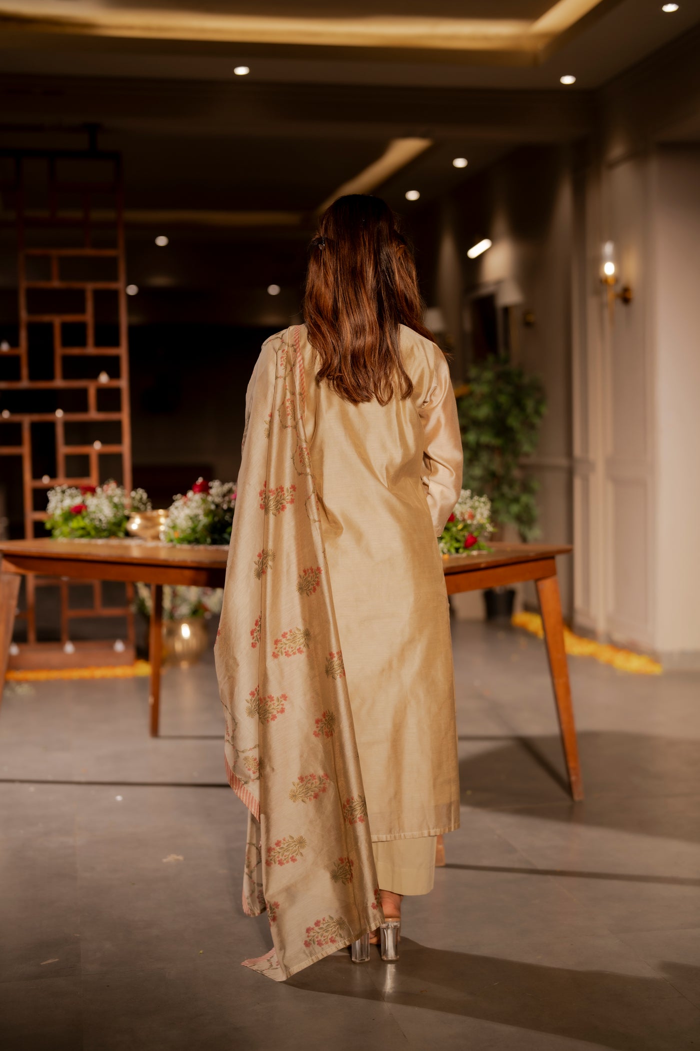 Beige Chanderi with Spread Buti Gota Work and Block Printed Dupatta