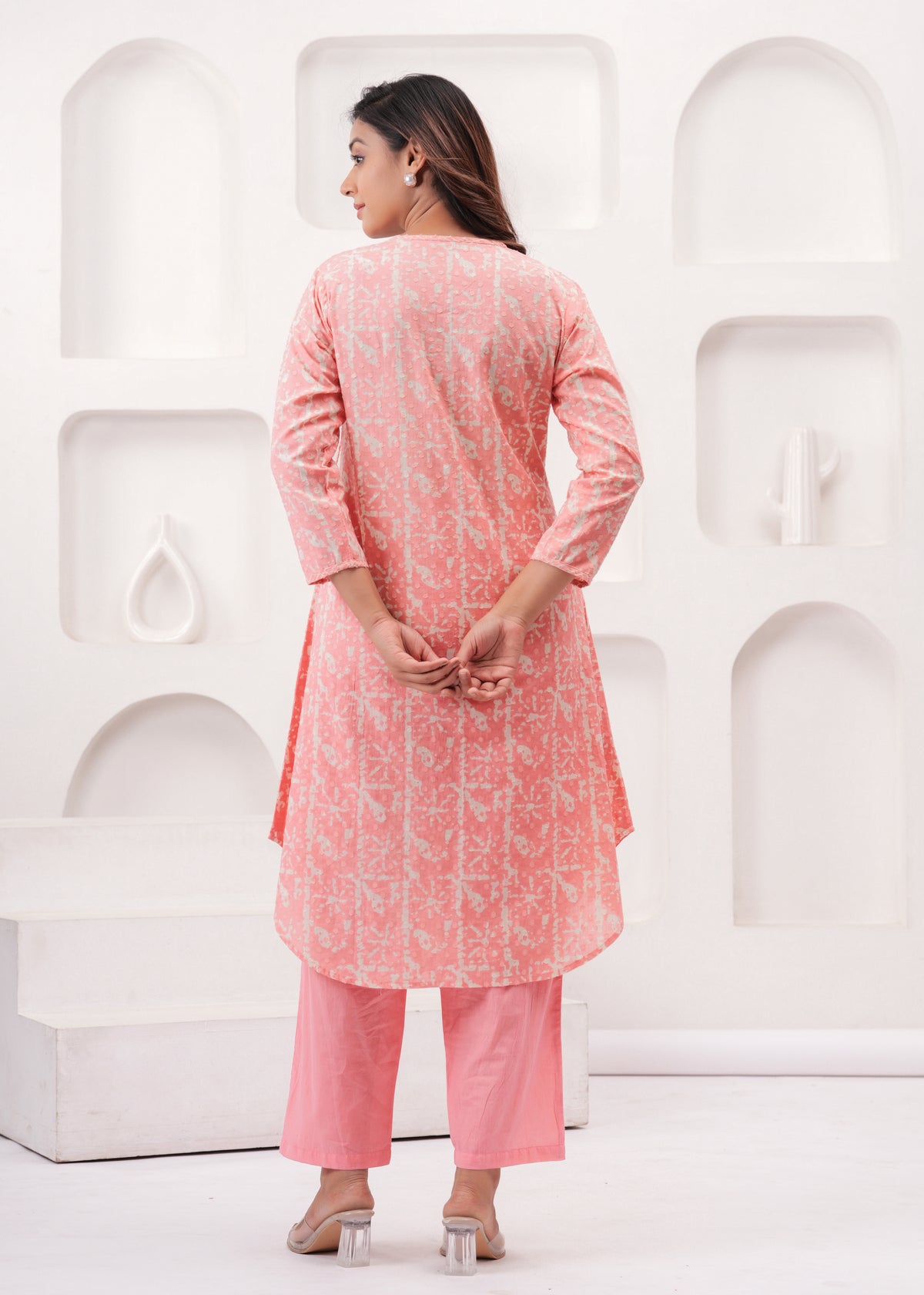 Peach Pure Mul Cotton Wrap Around Style Kurti with Cotton Pant