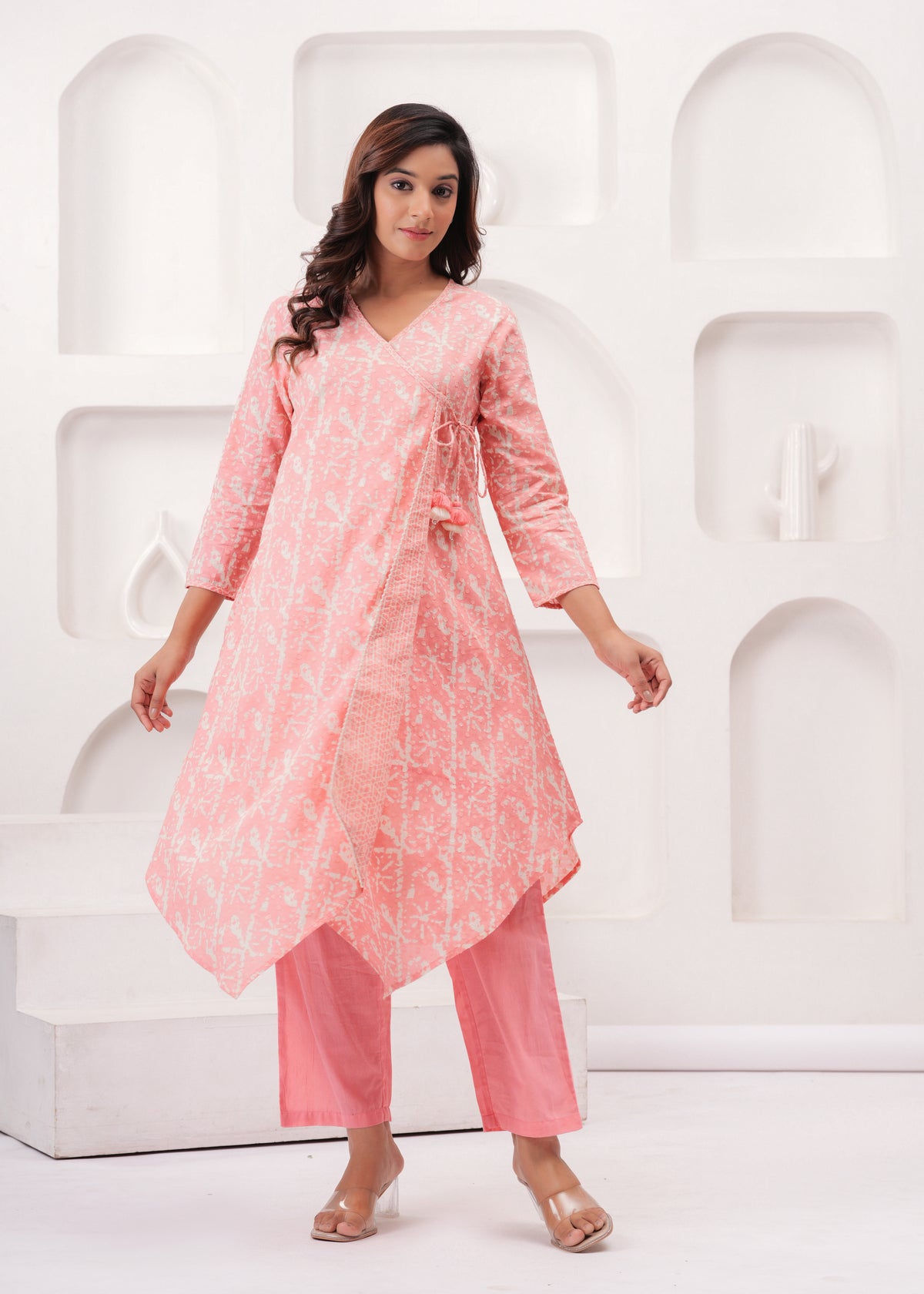 Peach Pure Mul Cotton Wrap Around Style Kurti with Cotton Pant
