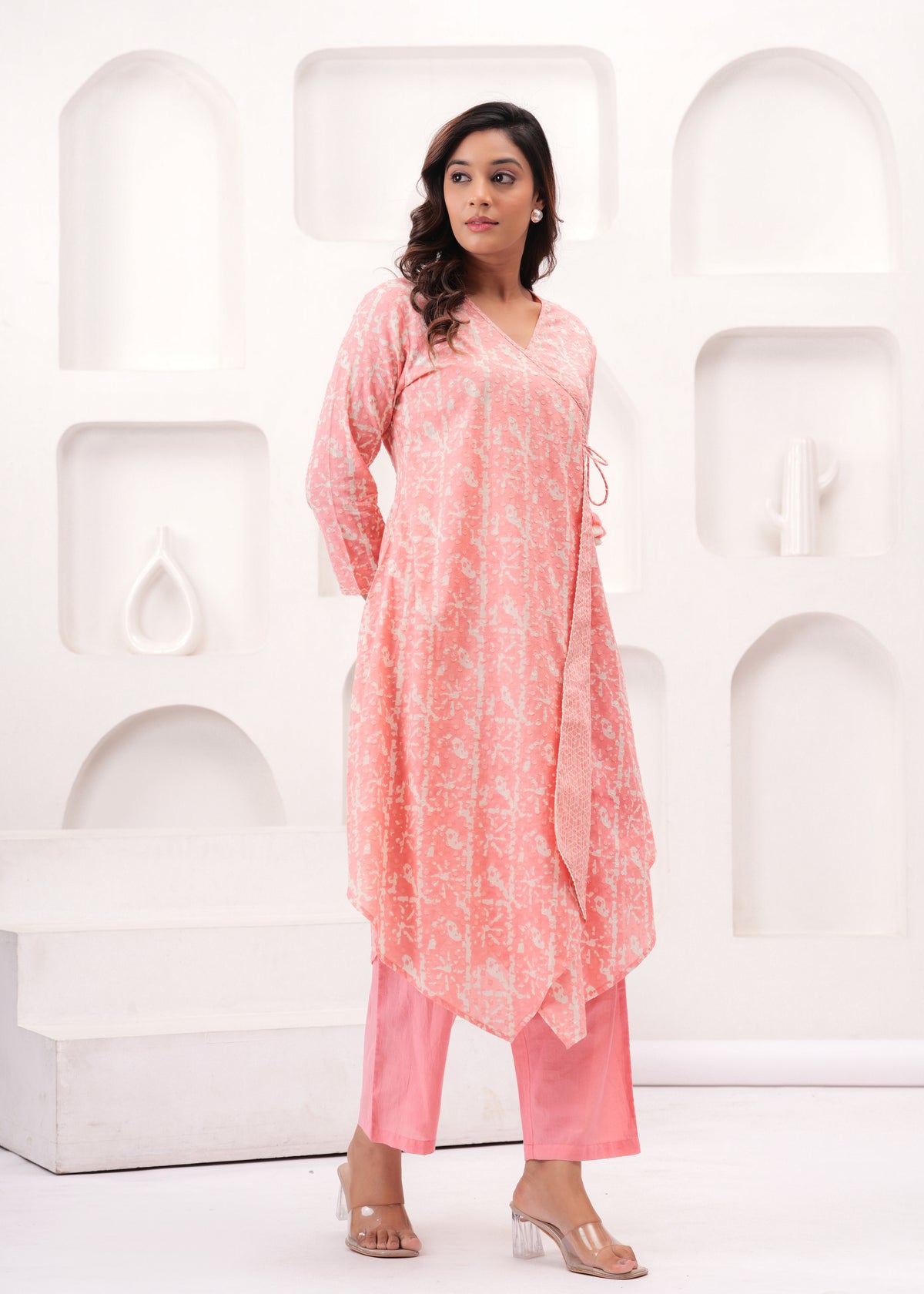 Peach Pure Mul Cotton Wrap Around Style Kurti with Cotton Pant