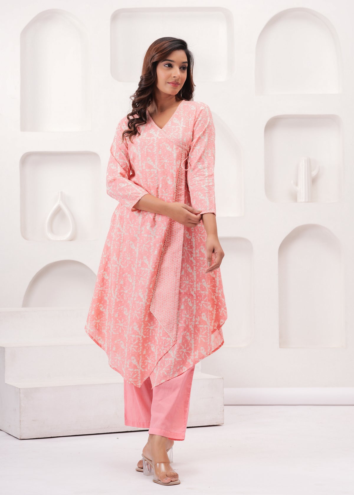 Peach Pure Mul Cotton Wrap Around Style Kurti with Cotton Pant