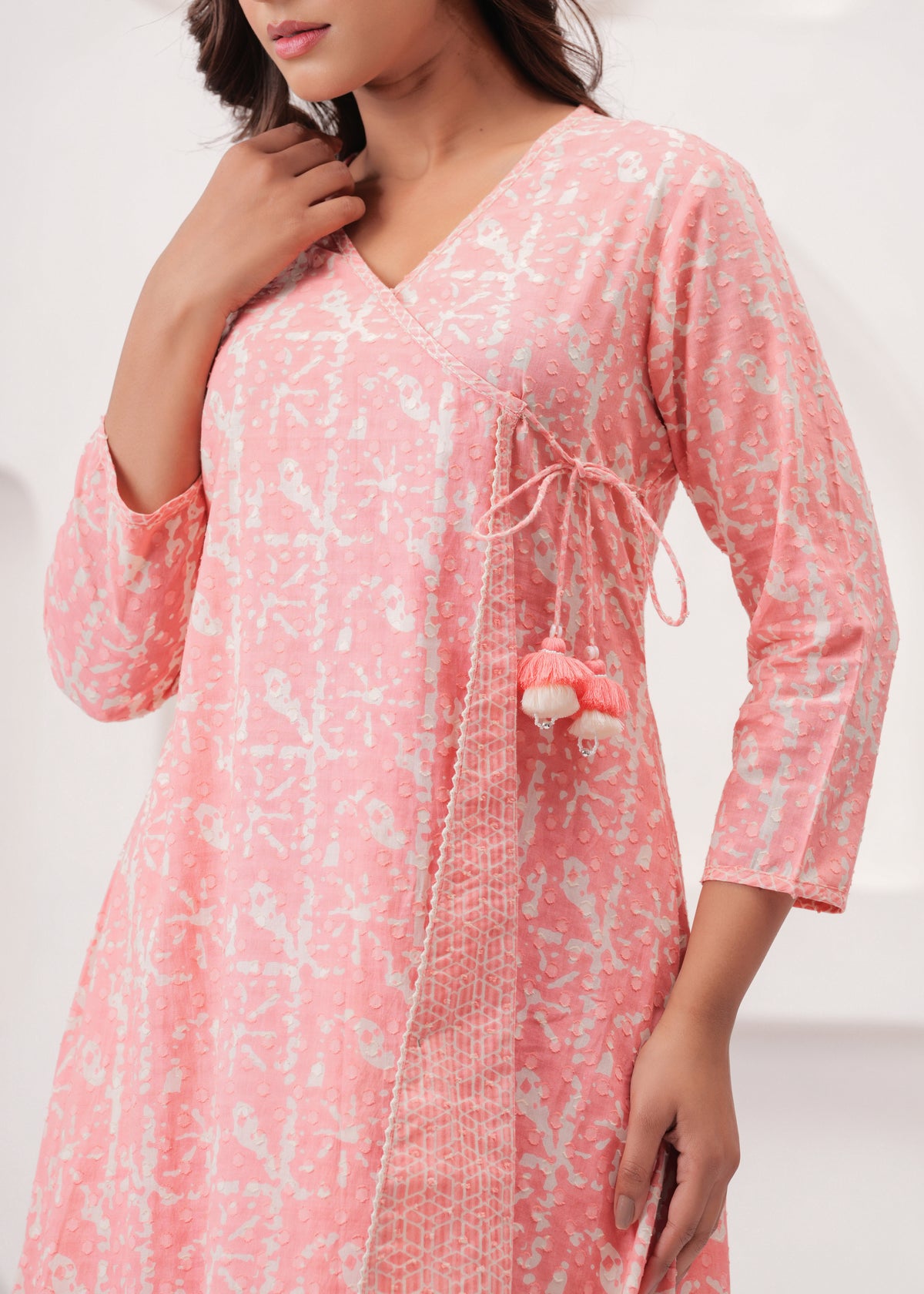 Peach Pure Mul Cotton Wrap Around Style Kurti with Cotton Pant