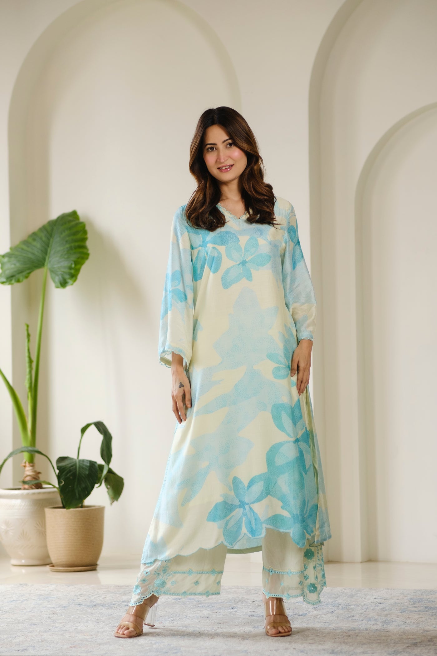 Aqua Blue Cut Work Scallope Muslin Kurta with Organza Border Embroidered Scallope Pant Set
