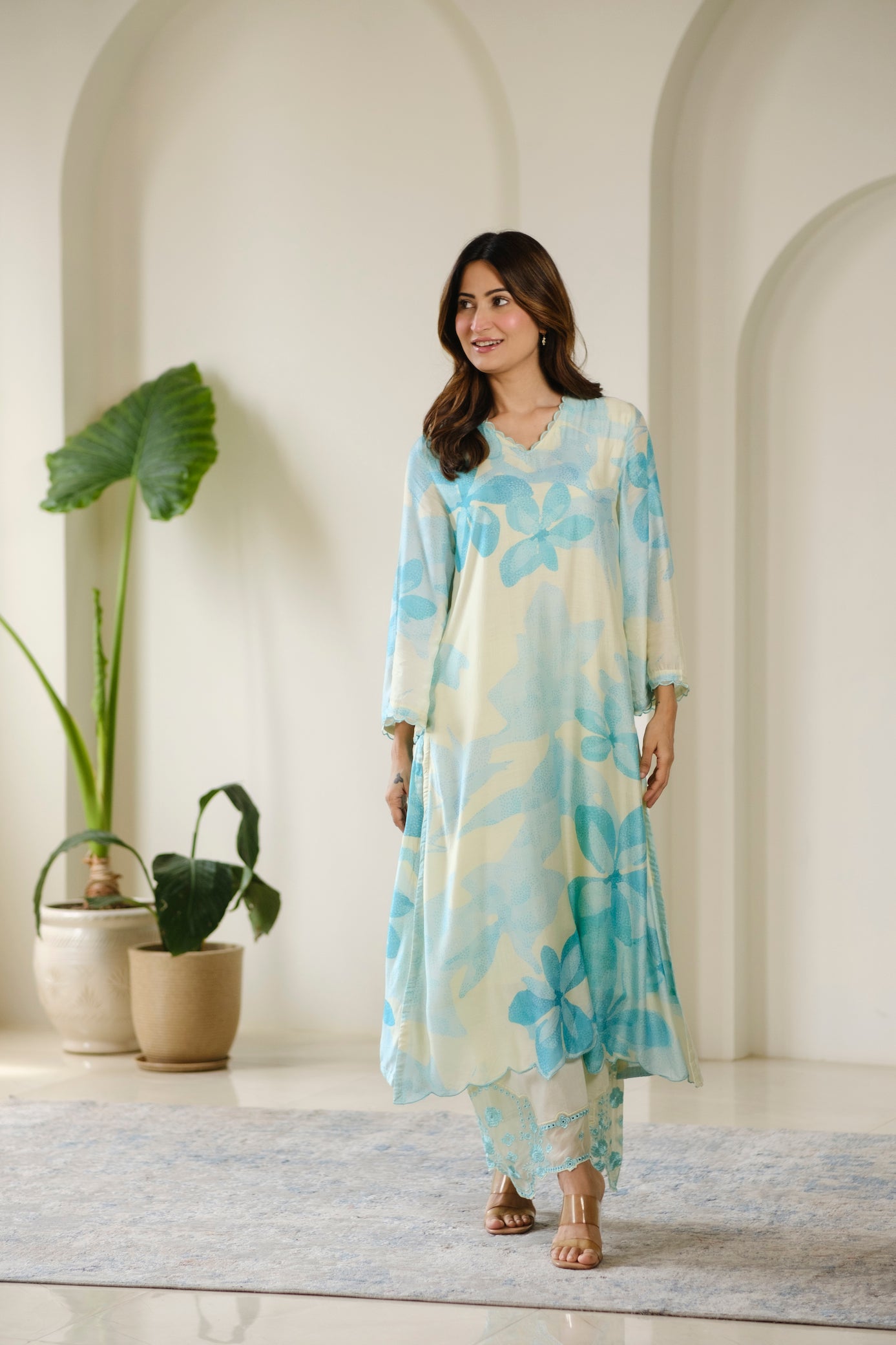 Aqua Blue Cut Work Scallope Muslin Kurta with Organza Border Embroidered Scallope Pant Set
