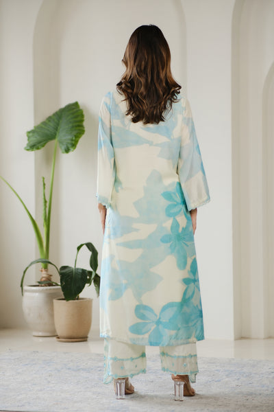 Aqua Blue Cut Work Scallope Muslin Kurta with Organza Border Embroidered Scallope Pant Set