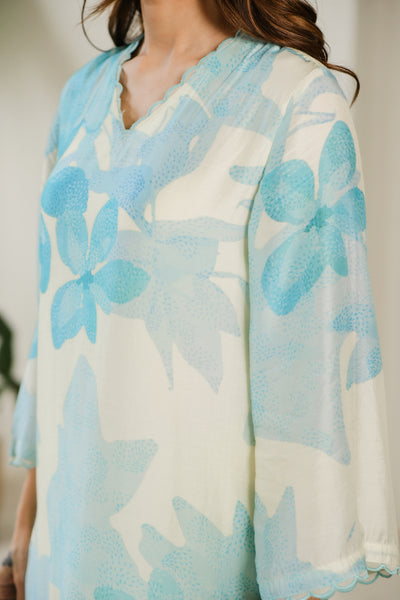 Aqua Blue Cut Work Scallope Muslin Kurta with Organza Border Embroidered Scallope Pant Set