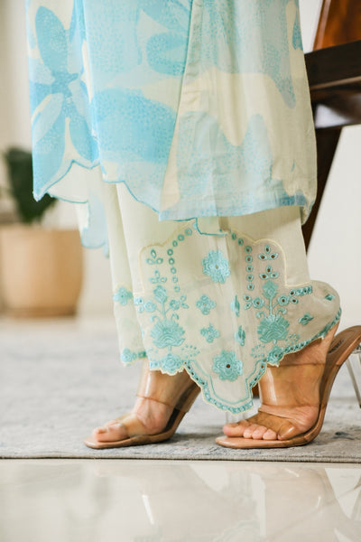 Aqua Blue Cut Work Scallope Muslin Kurta with Organza Border Embroidered Scallope Pant Set