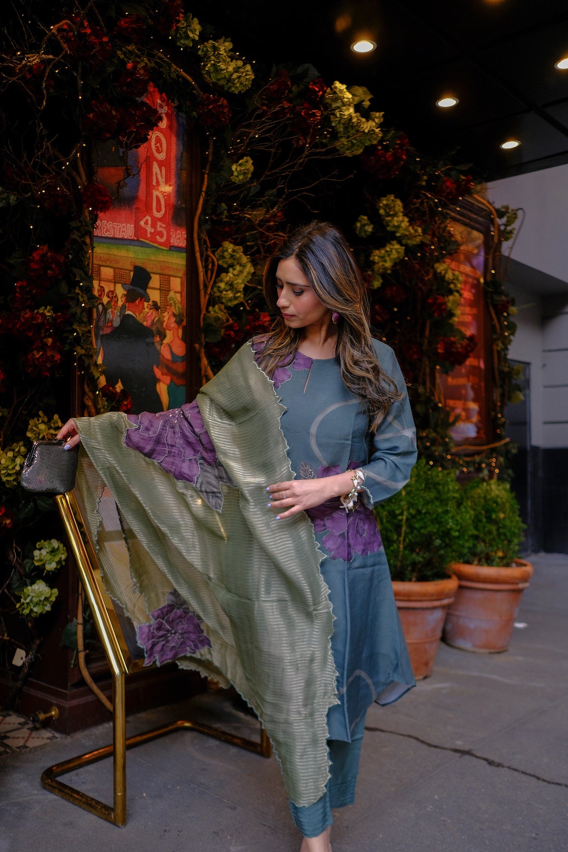 Teal Green With Purple Floral Print Suit Set with Cut Work and Scallope Dupatta with Beads and Zari Thredle Work