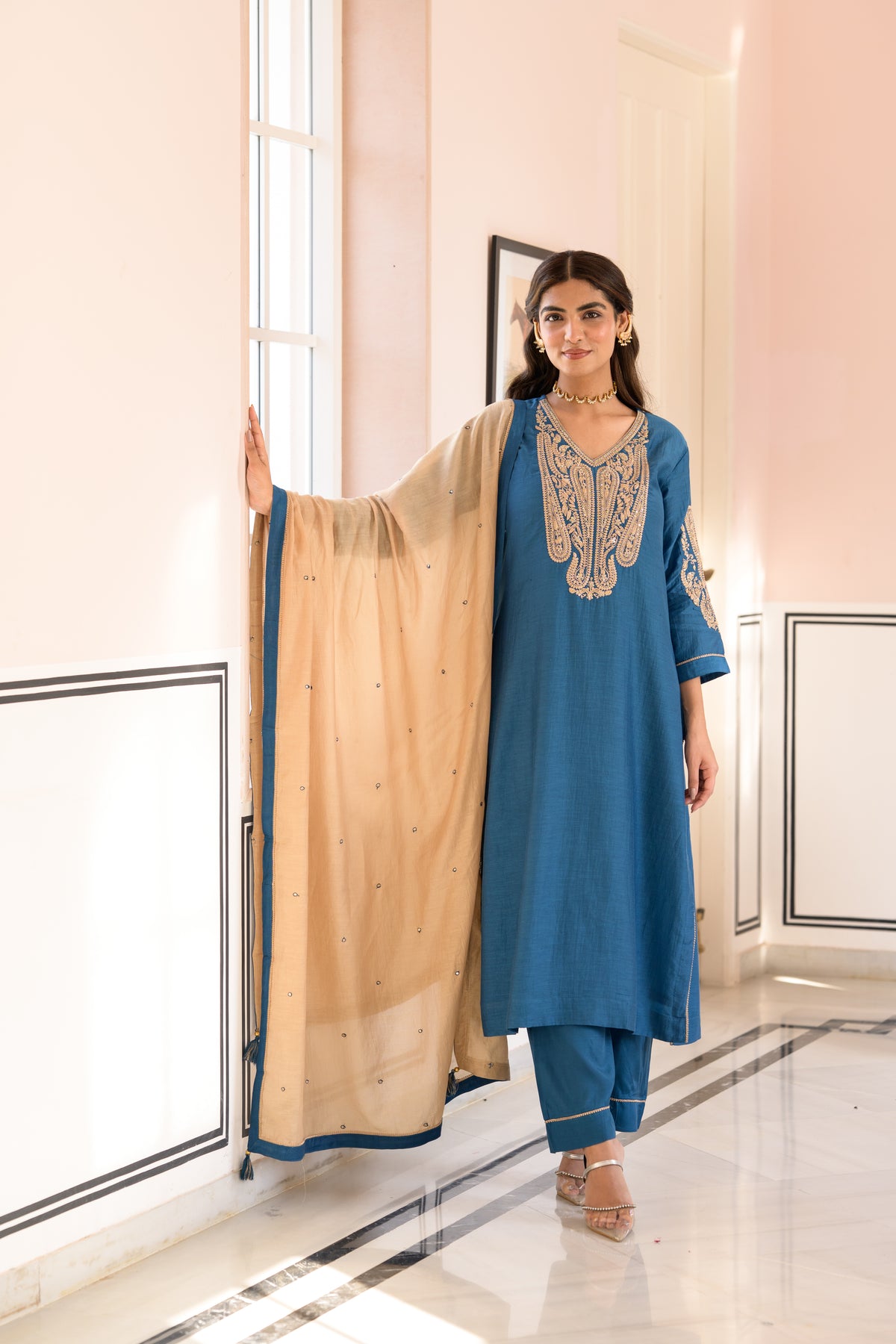 Teal Blue  Marodi Work Mul Chanderi Suit Set