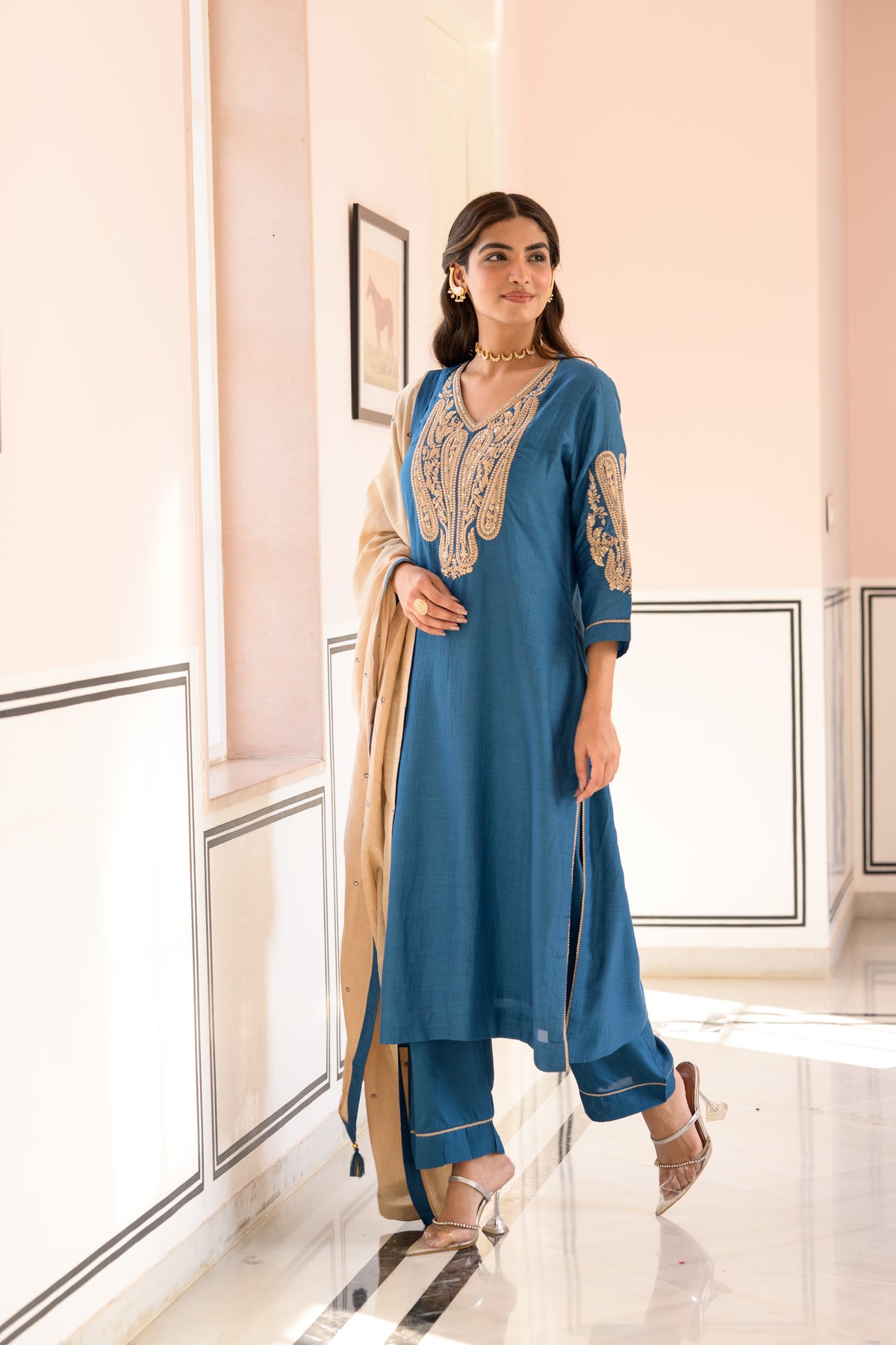 Teal Blue  Marodi Work Mul Chanderi Suit Set
