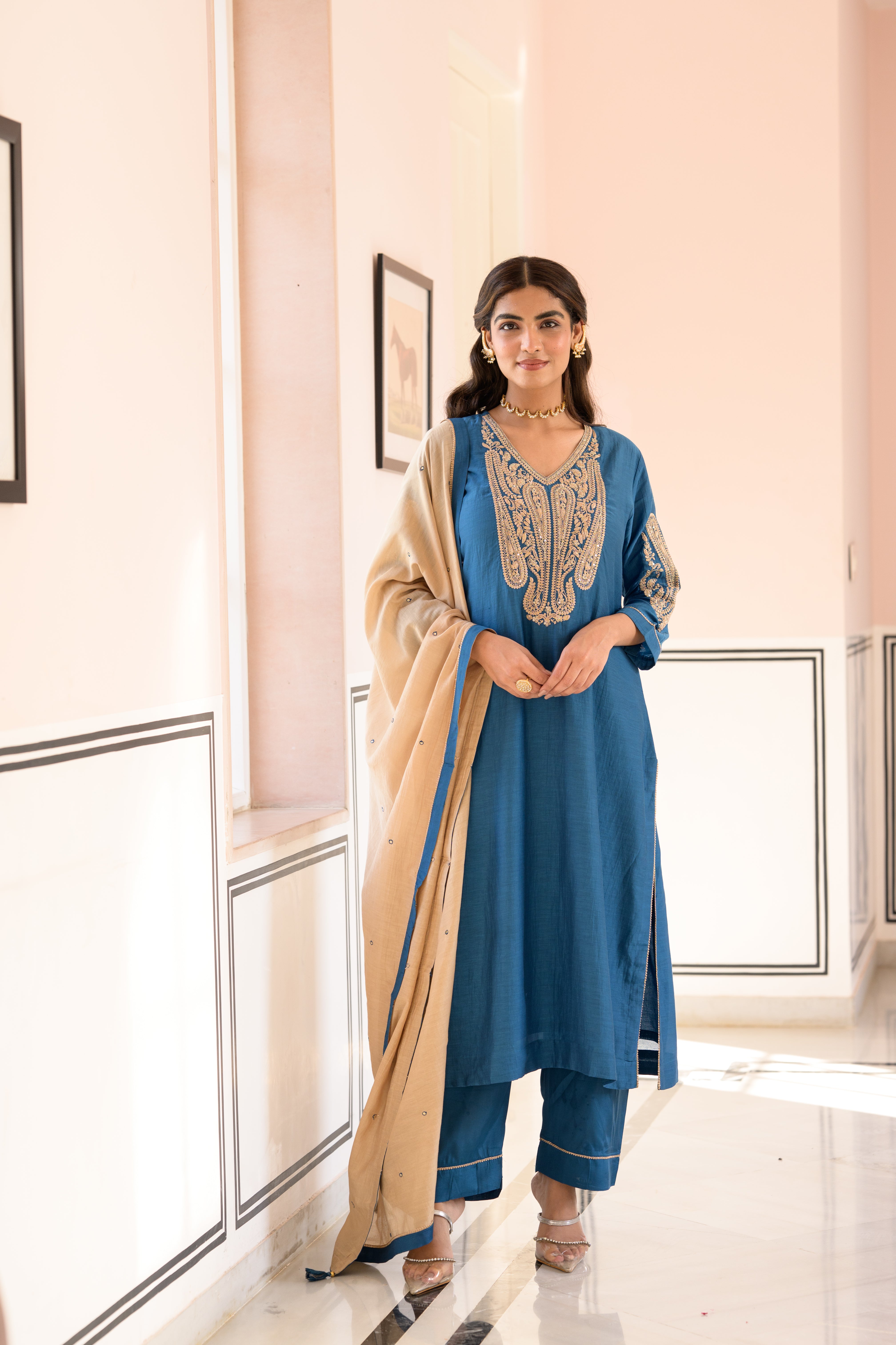 Teal Blue  Marodi Work Mul Chanderi Suit Set