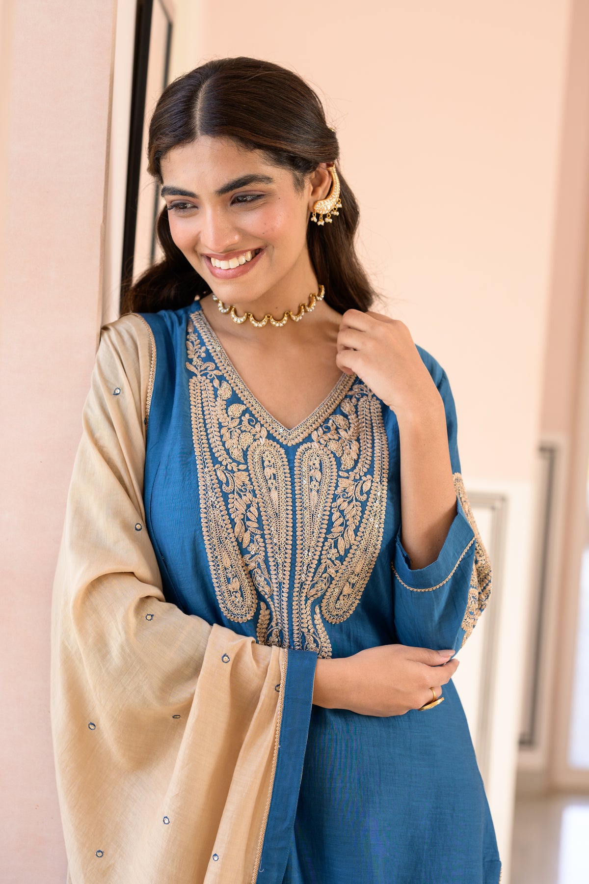 Teal Blue  Marodi Work Mul Chanderi Suit Set