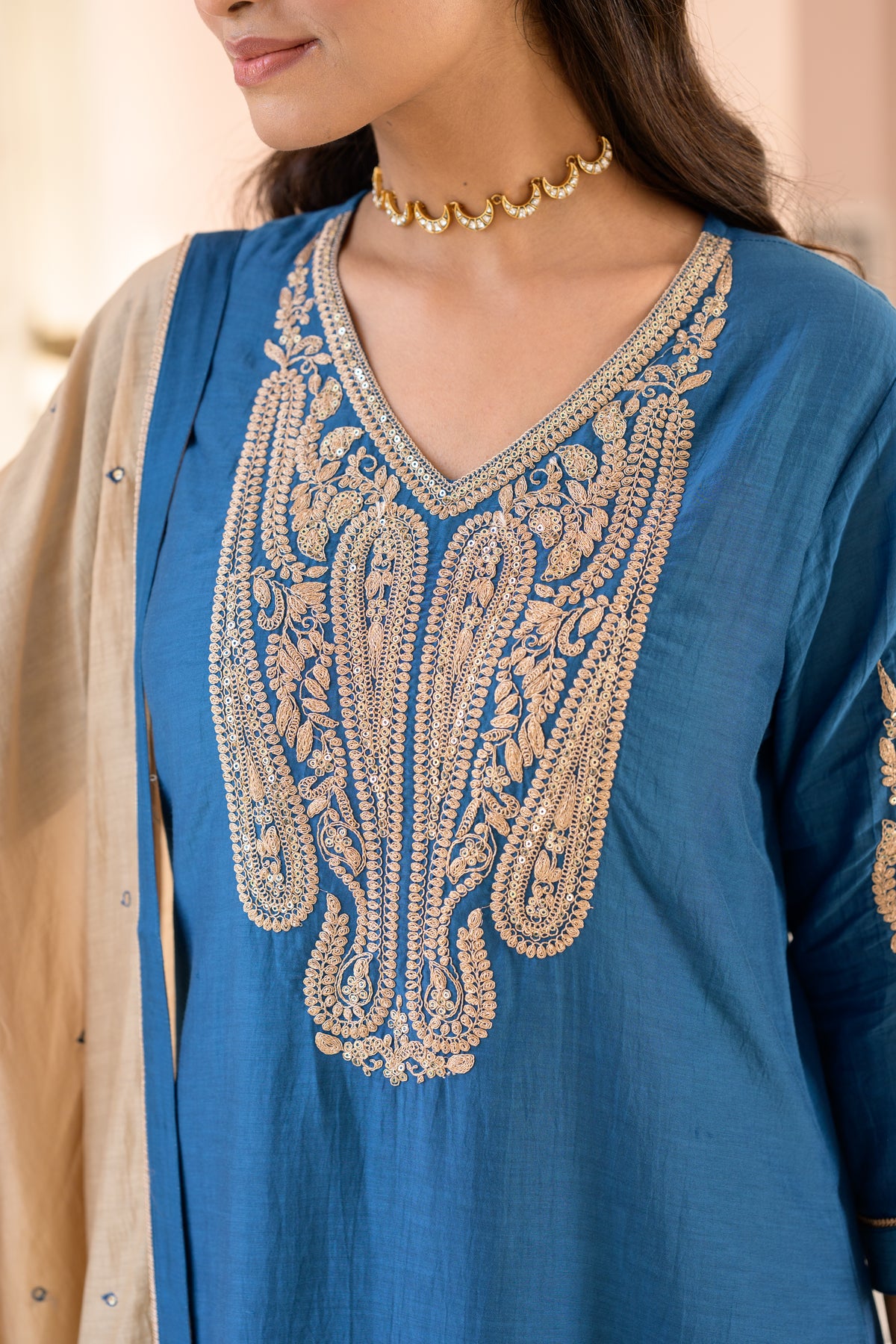 Teal Blue  Marodi Work Mul Chanderi Suit Set