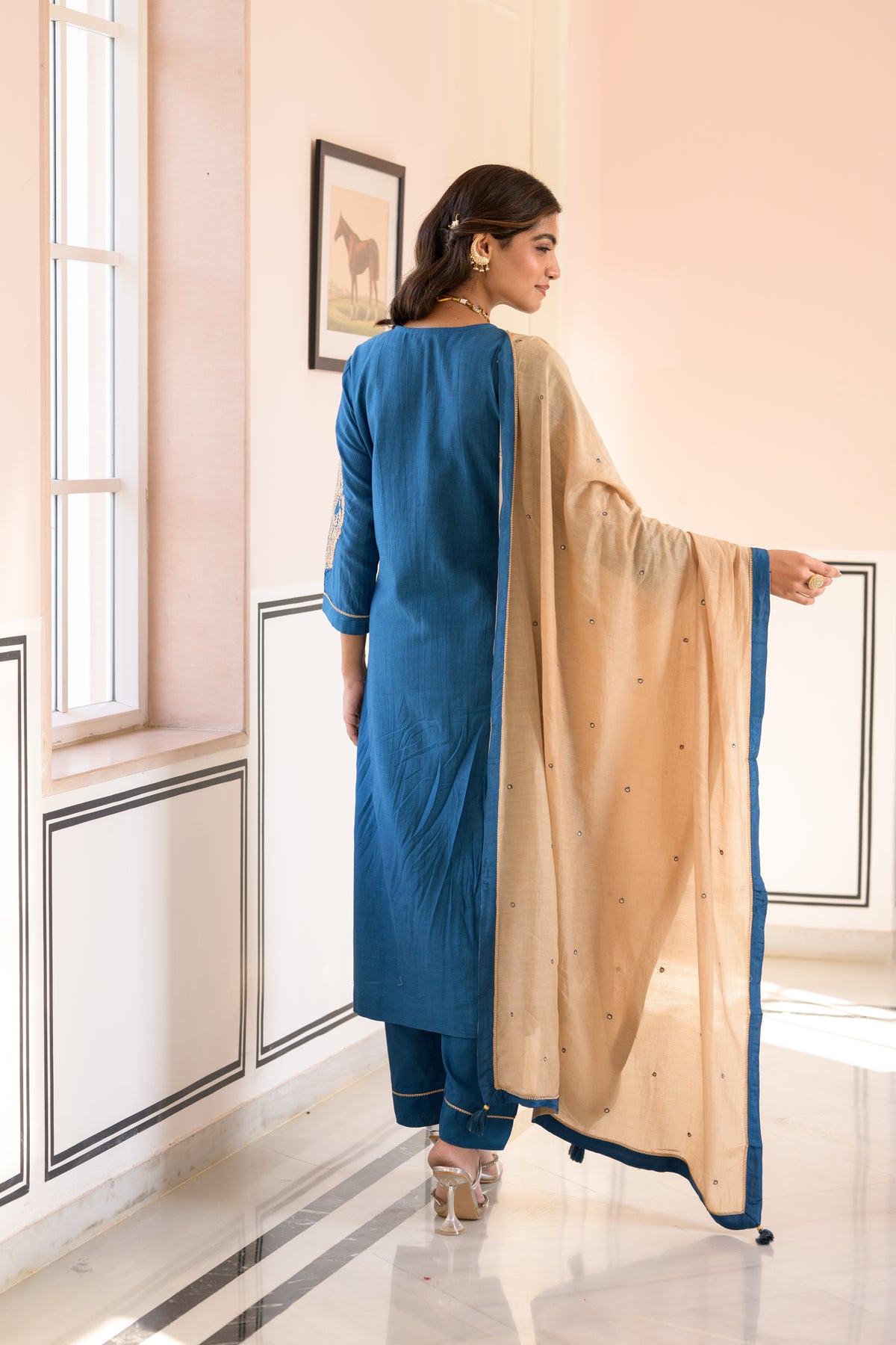 Teal Blue  Marodi Work Mul Chanderi Suit Set