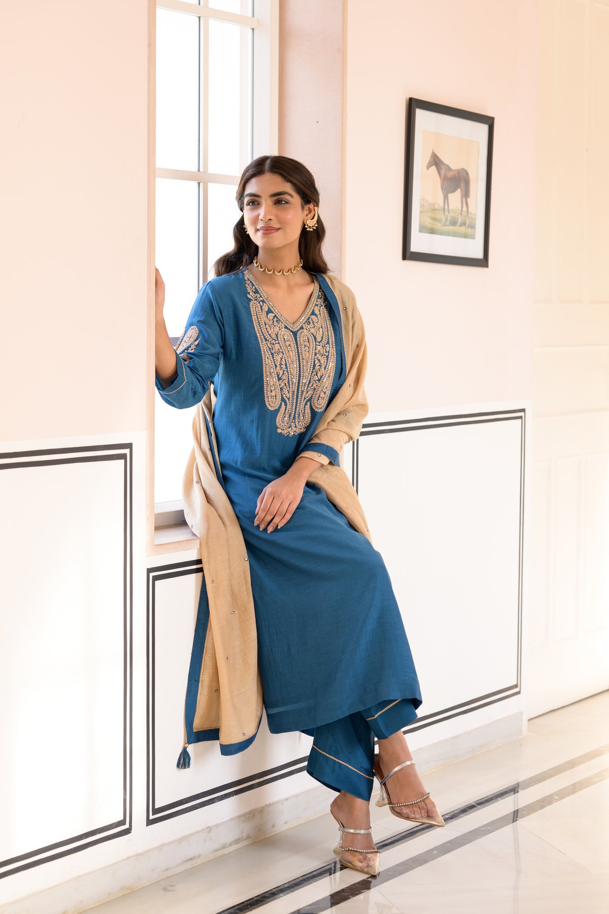Teal Blue  Marodi Work Mul Chanderi Suit Set