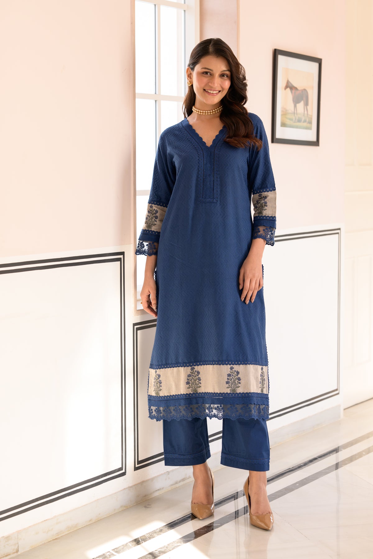 Blue Dobby Cotton Block Printed Kurta Set