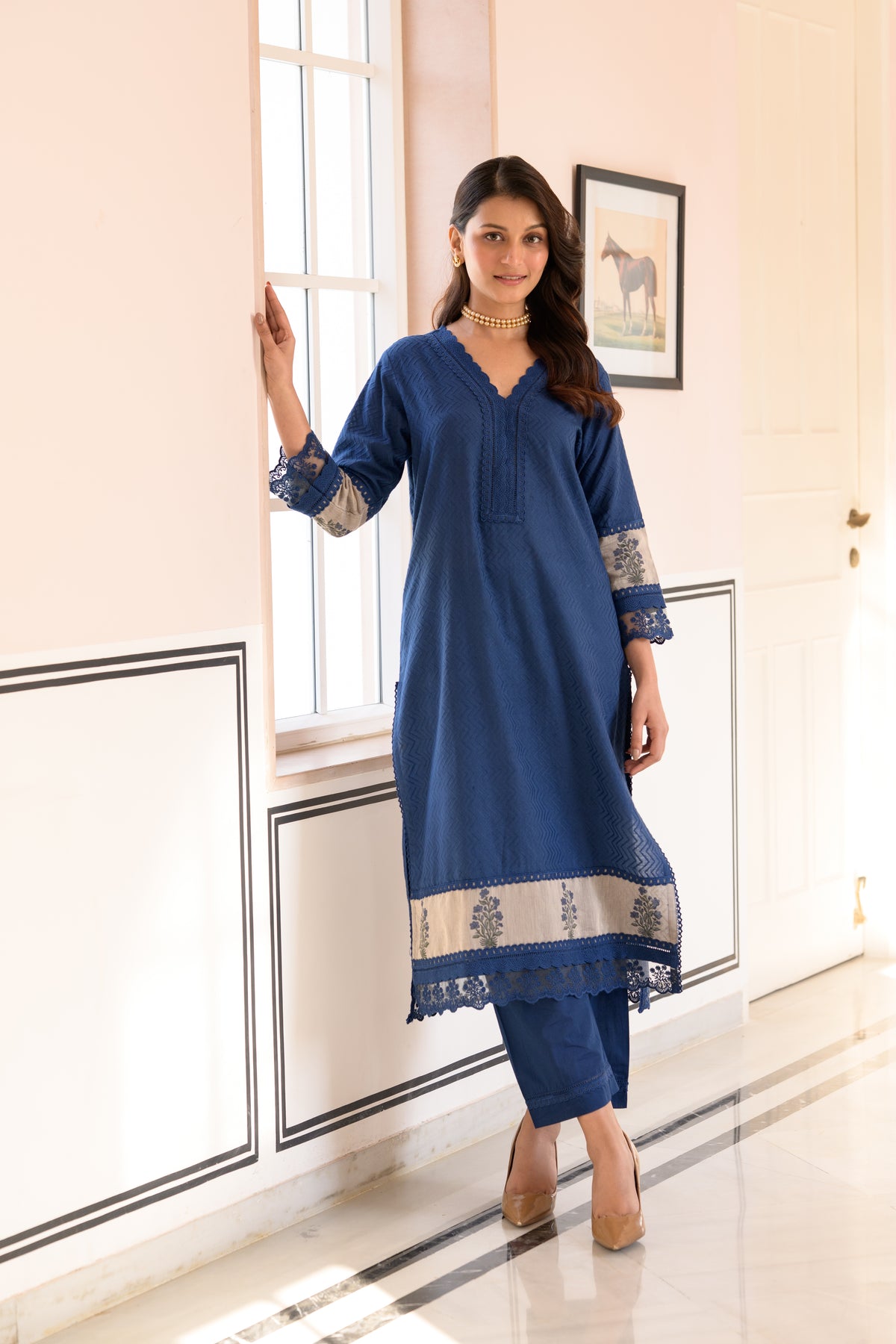 Blue Dobby Cotton Block Printed Kurta Set