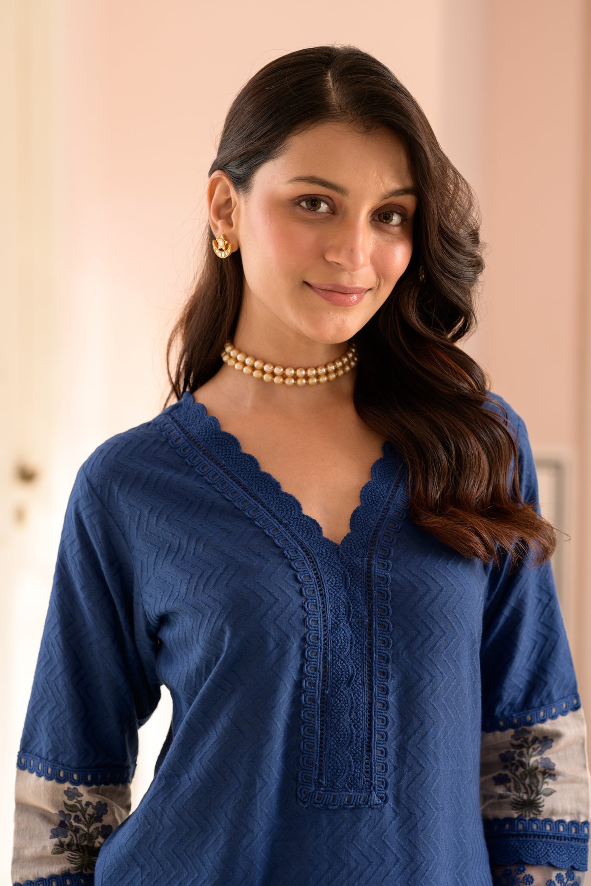 Blue Dobby Cotton Block Printed Kurta Set