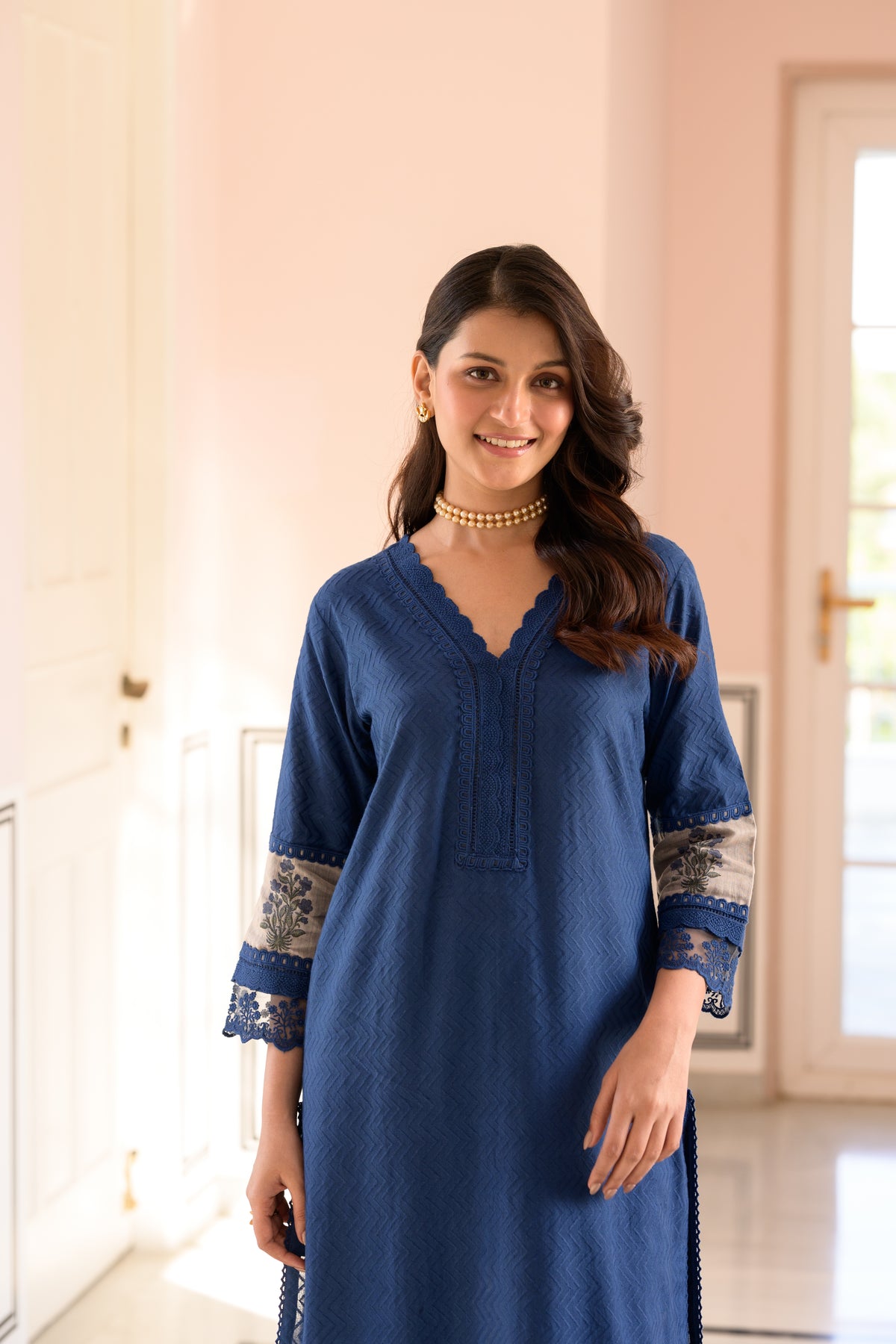Blue Dobby Cotton Block Printed Kurta Set