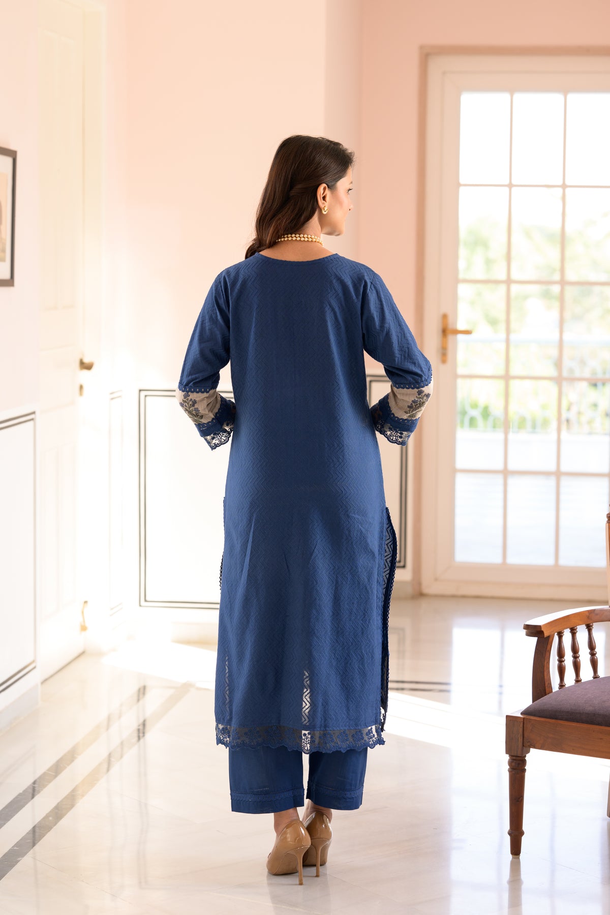 Blue Dobby Cotton Block Printed Kurta Set