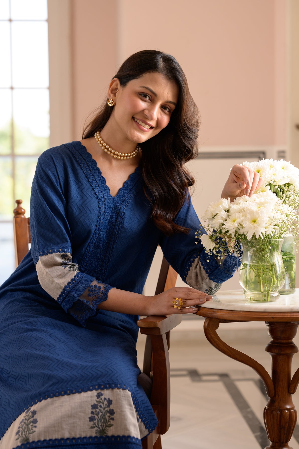 Blue Dobby Cotton Block Printed Kurta Set