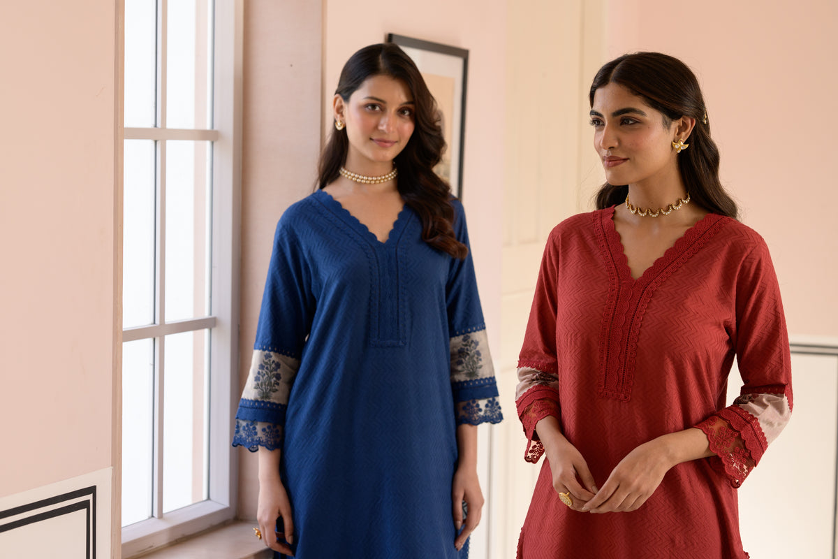Blue Dobby Cotton Block Printed Kurta Set