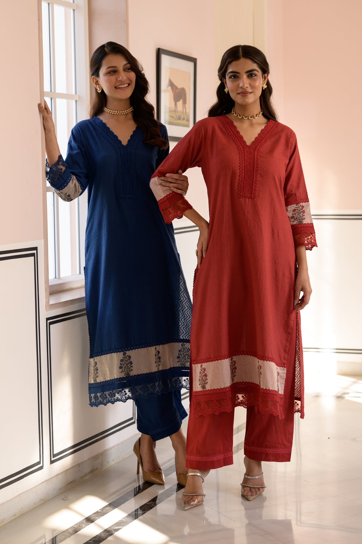 Blue Dobby Cotton Block Printed Kurta Set