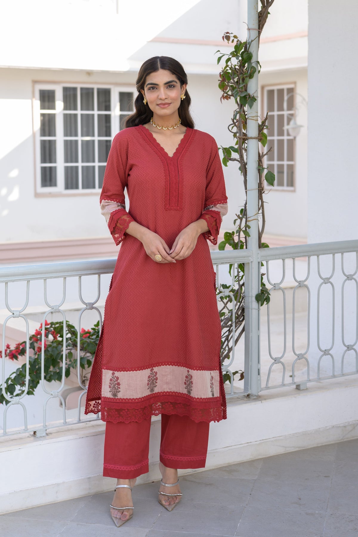 Brick Red Dobby Cotton Block Printed Kurta Set