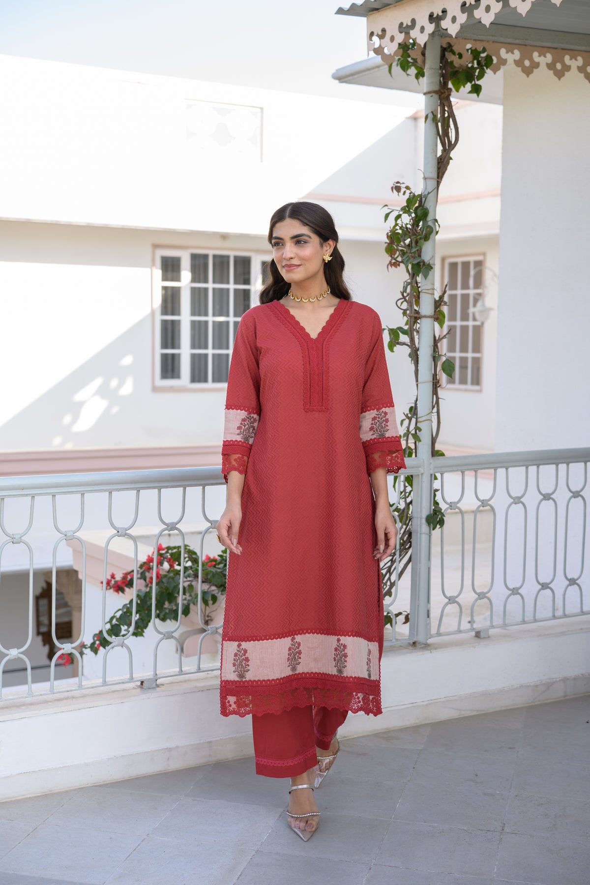 Brick Red Dobby Cotton Block Printed Kurta Set
