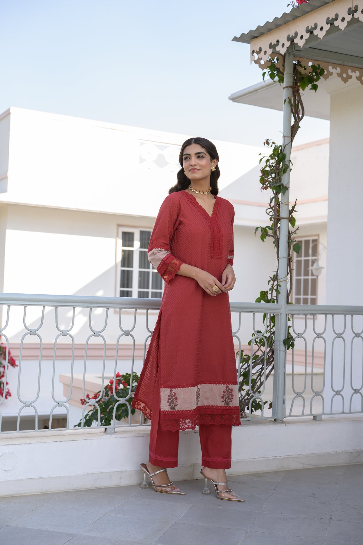 Brick Red Dobby Cotton Block Printed Kurta Set