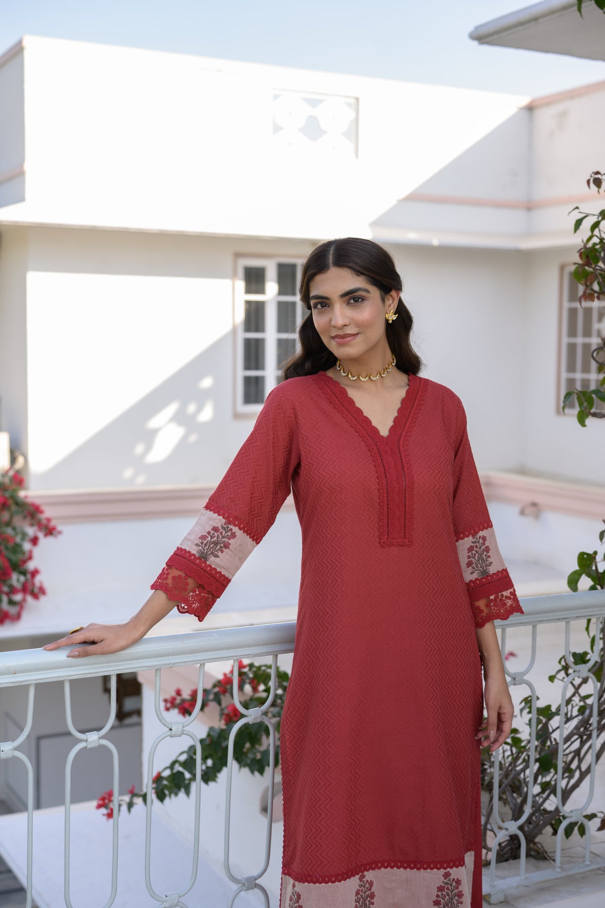Brick Red Dobby Cotton Block Printed Kurta Set
